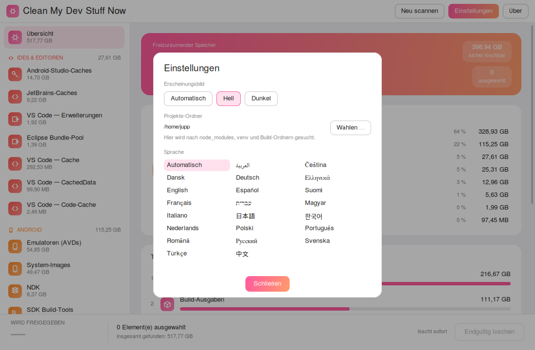 Einstellungen mit Sprachauswahl