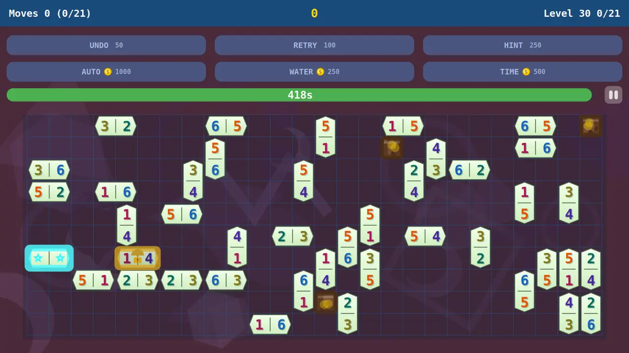 Ein Level im Spiel, mit Zurueck, Tipp, Wasser und Extrazeit