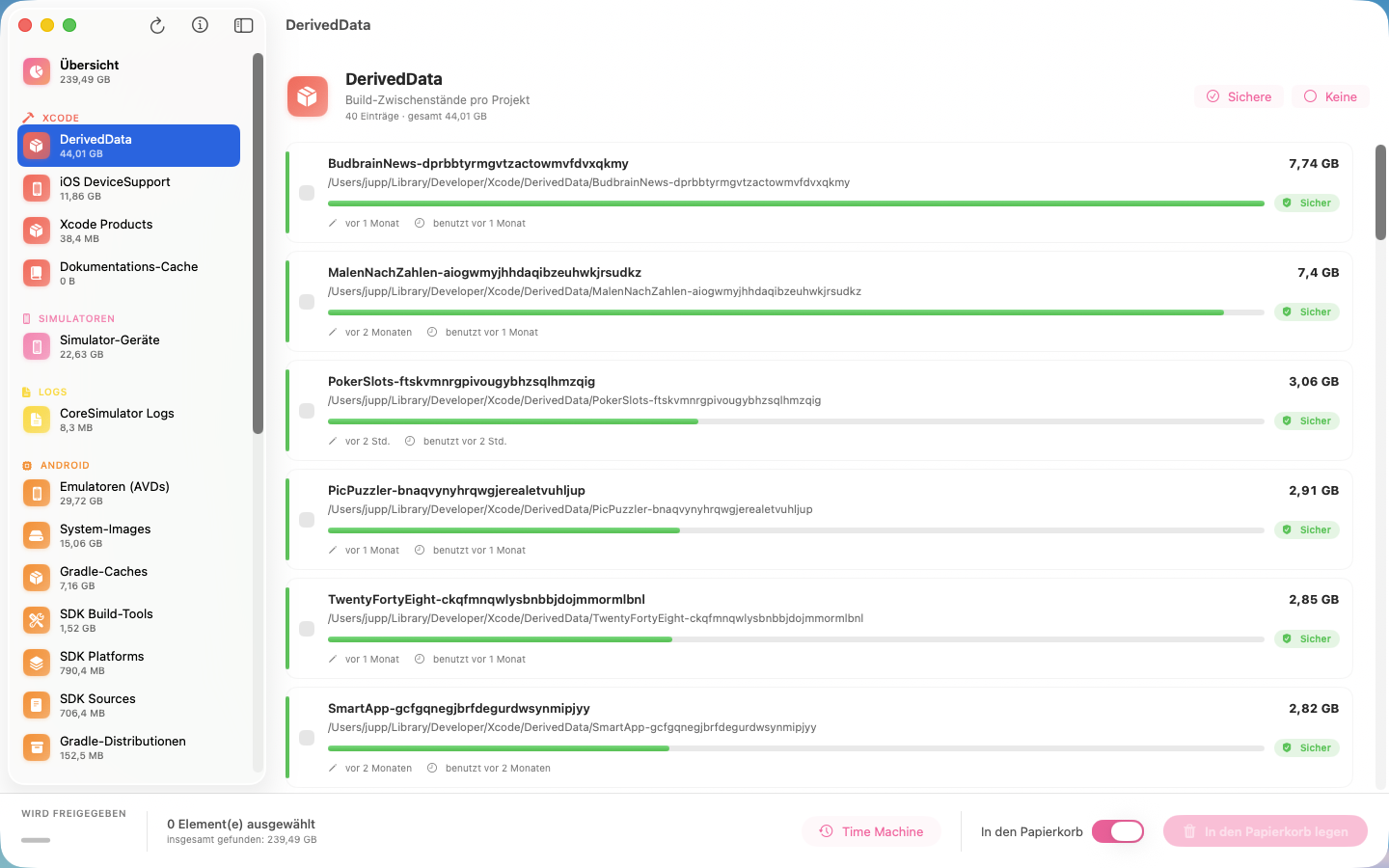 Kategorie mit Pfad, Groesse und Sicherheits-Stufe